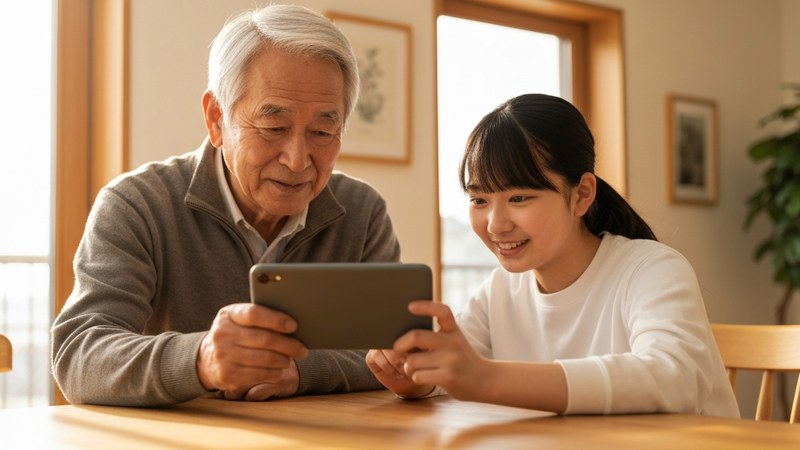 スマホでLINEのメッセージを見て微笑むシニア女性