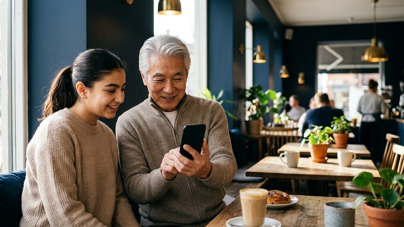 スマホのビデオ通話で笑顔になるシニア女性