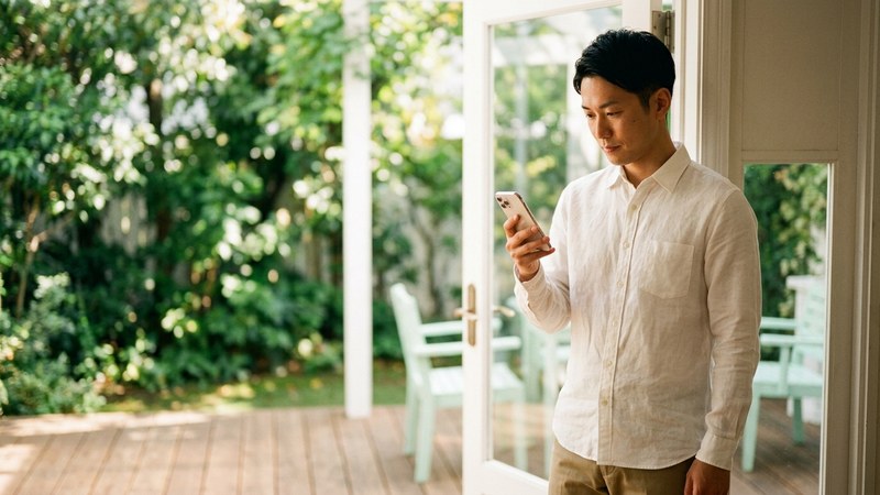 スマホを手に少し考えごとをしているシニア女性