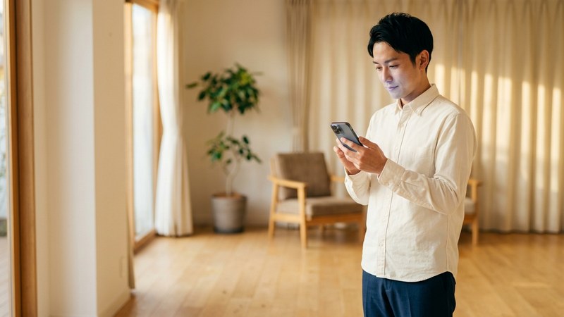 スマホの設定画面を確認しているシニア男性
