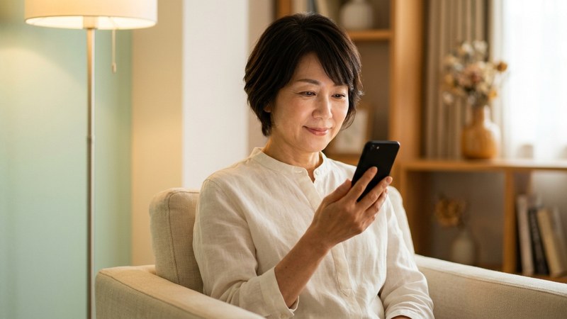 スマホでLINEを楽しそうに操作しているシニア女性