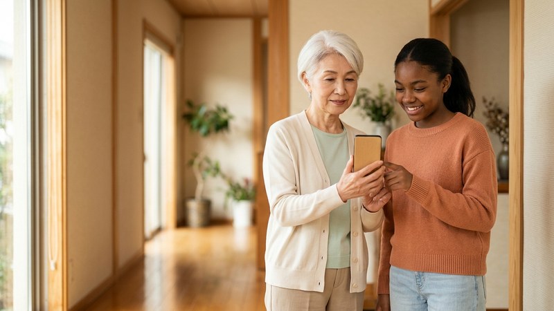 スマホを見せ合っている2人のシニア