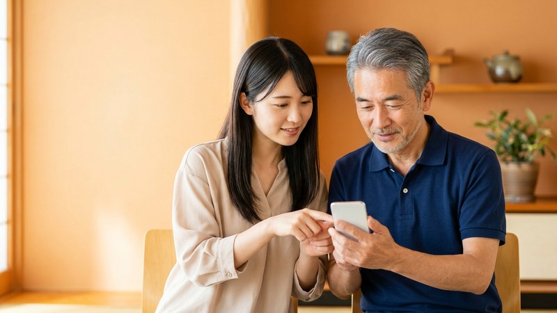 新しいスマホと古いスマホを並べて見ているシニア女性