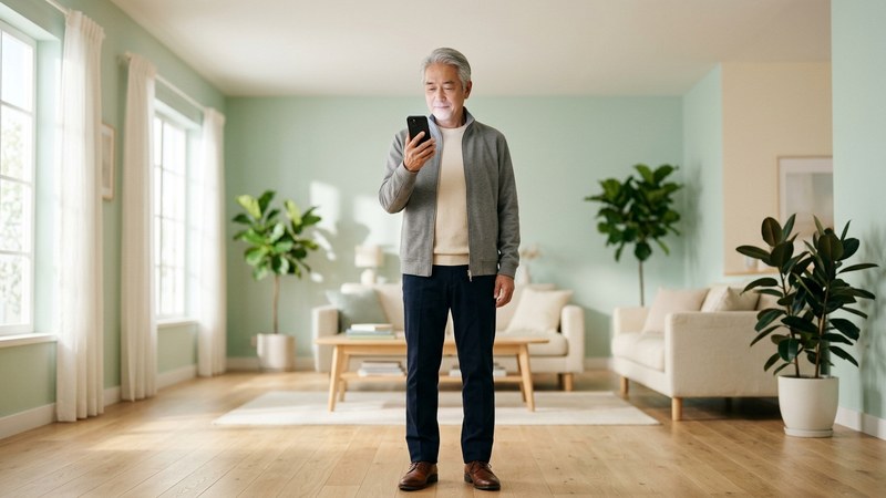 大きな文字の画面を見て安心した表情のシニア男性