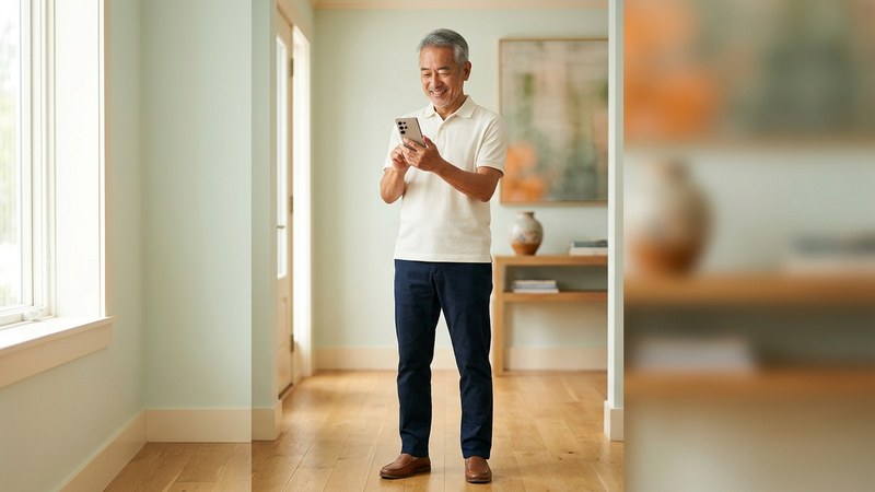 孫の写真を見せ合っているシニア夫婦
