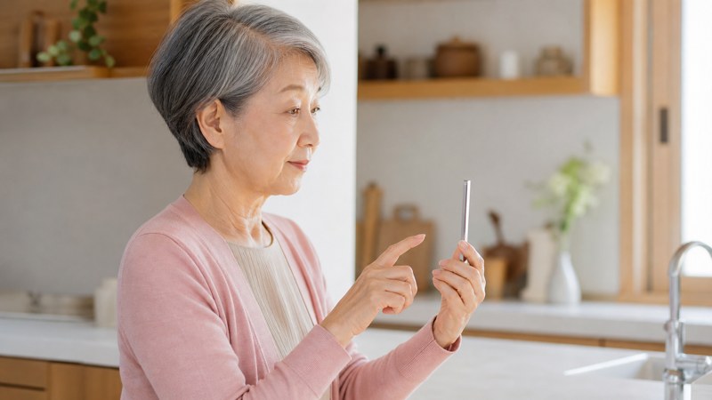送る前に画面を確認しているシニア女性