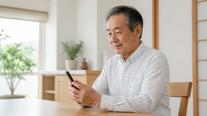 ダイニングでスマホを見て納得しているシニア男性