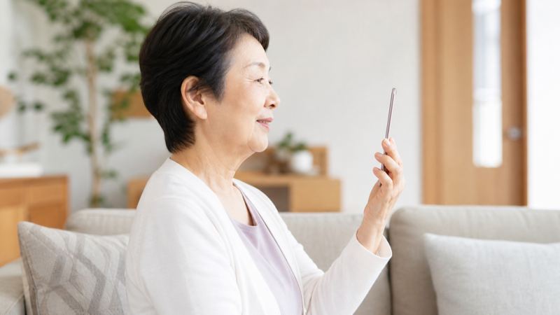 明るいリビングで落ち着いてスマホを見ているシニア女性