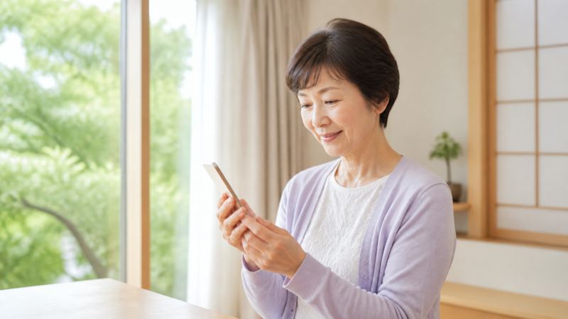 明るい窓辺で楽にスマホを読んでいるシニア女性