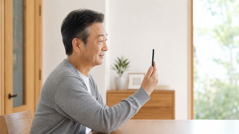 ダイニングで穏やかにスマホを見ているシニア男性