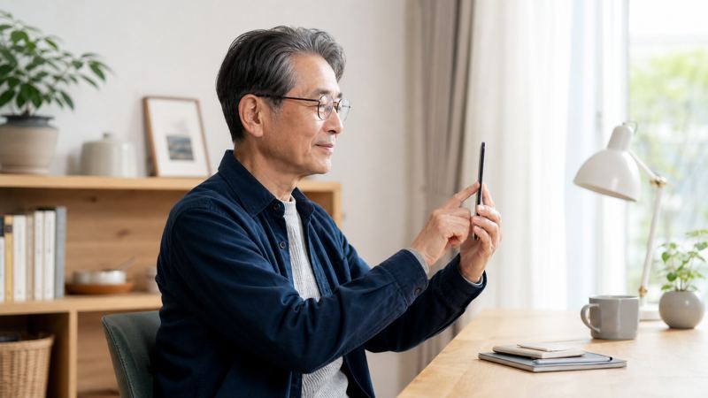 スマホの設定を確認しているシニア男性