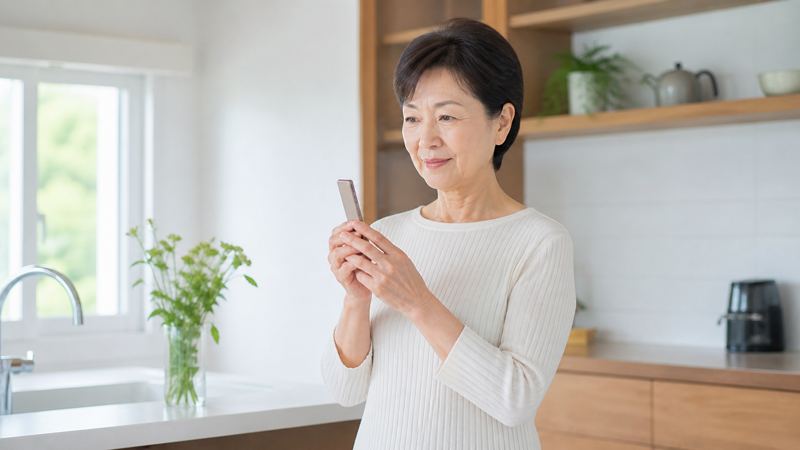 スマホの画面を確認しているシニア女性