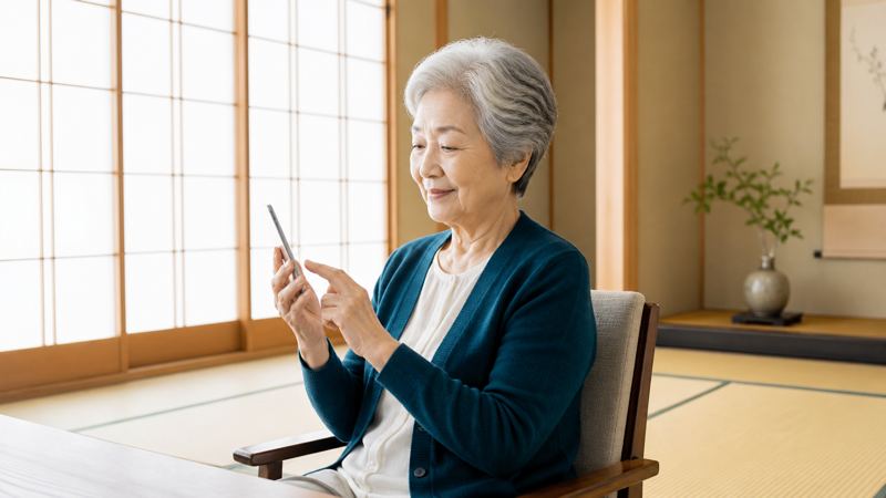 スマホの設定を確認しているシニア女性