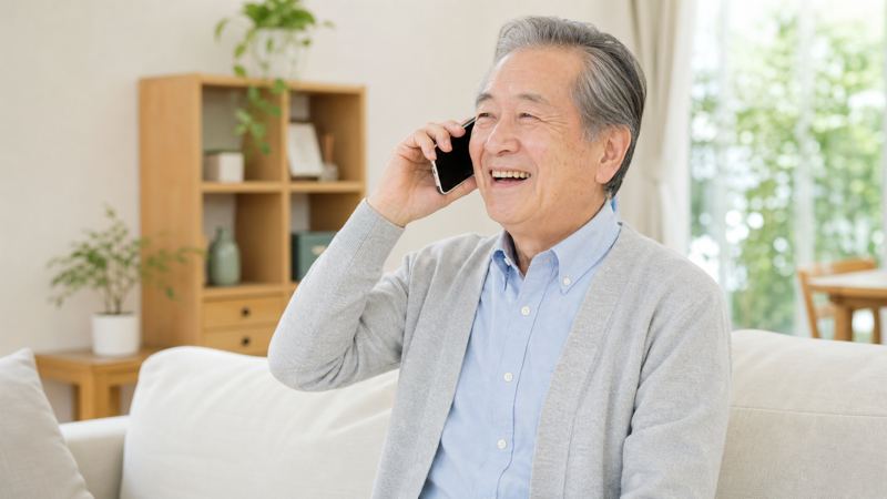 スマホで通話しながら笑顔のシニア男性