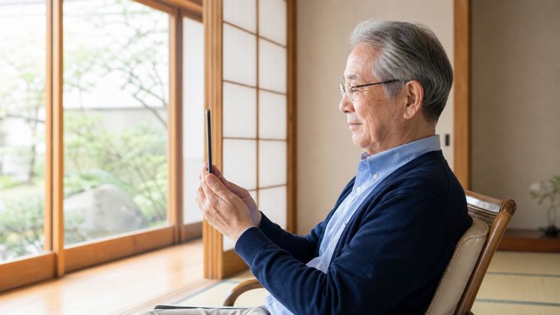 家族と連絡をとりながら安心した表情のシニア男性