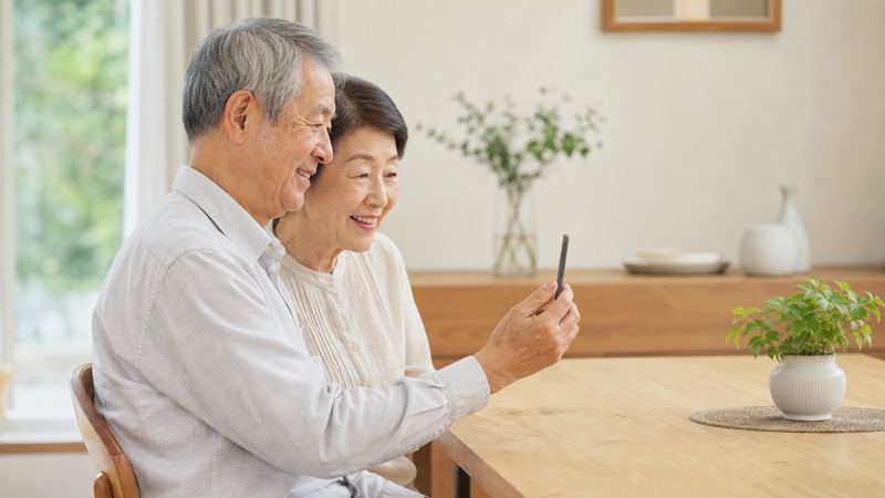 家族のグループアルバムで孫の写真を見る祖父母