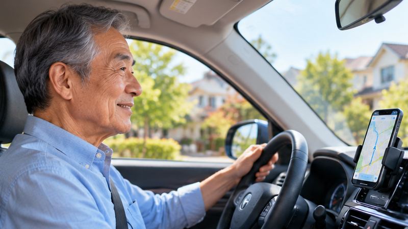 住宅街を走る車の運転席で、ハンドルを握って前を見ながらほほえむシニア男性。ダッシュボードのホルダーに地図を表示したスマートフォン