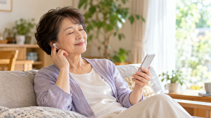 明るい居間のソファで、耳のワイヤレスイヤホンに指をそえ、目を閉じてほほえむシニア女性。手にはスマートフォン