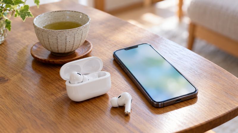 木のテーブルの上に置かれた、ふたの開いた白いワイヤレスイヤホンの充電ケースと片方のイヤホン、画面を上にしたスマートフォン、湯のみ