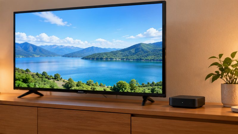木のテレビ台に置かれた、湖と山の景色を映す薄型テレビと、横の小さな黒い箱型の機器