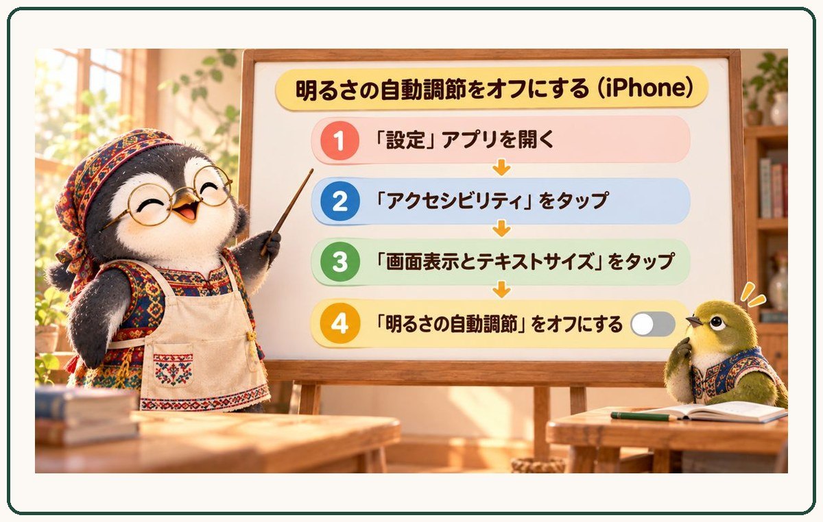 明るさの自動調節をオフにする（iPhone）。1「設定」アプリを開く、2「アクセシビリティ」をタップ、3「画面表示とテキストサイズ」をタップ、4「明るさの自動調節」をオフにする。ペンギンの先生がボードを指し、メジロが見ている
