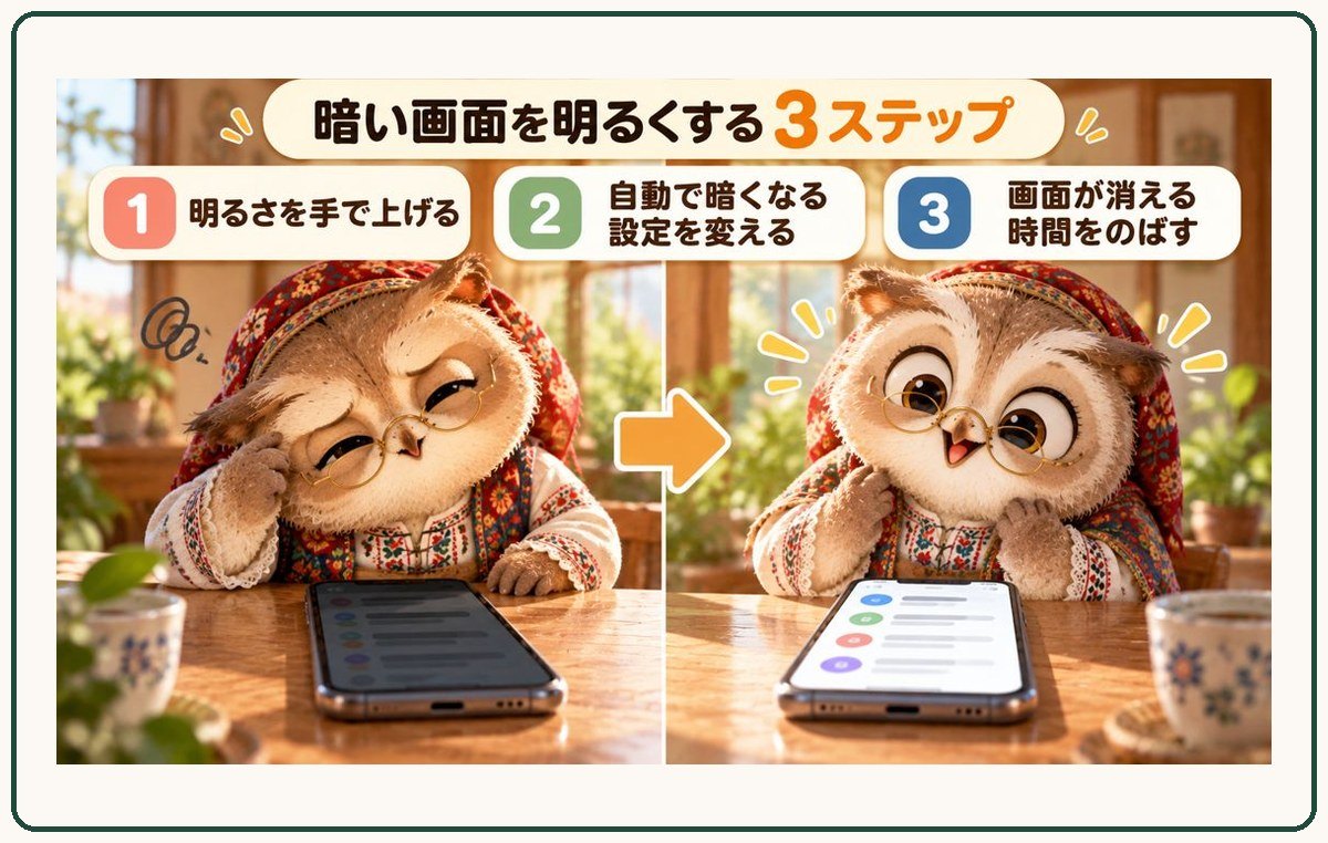 暗い画面を明るくする3ステップ。1 明るさを手で上げる、2 自動で暗くなる設定を変える、3 画面が消える時間をのばす。暗いスマホに目を細めていたフクロウが、明るくなった画面にぱっと目を開いている