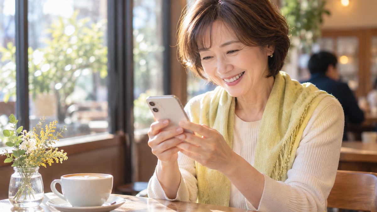 明るいカフェの窓ぎわで、女性がスマートフォンで家族からのメッセージを読み、笑顔になっている。テーブルにはカフェラテと小さな花