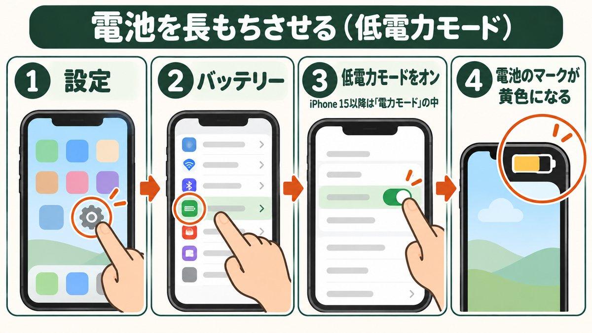 電池を長もちさせる（低電力モード）。①設定、②バッテリー、③低電力モードをオン（iPhone 15以降は「電力モード」の中）、④電池のマークが黄色になる