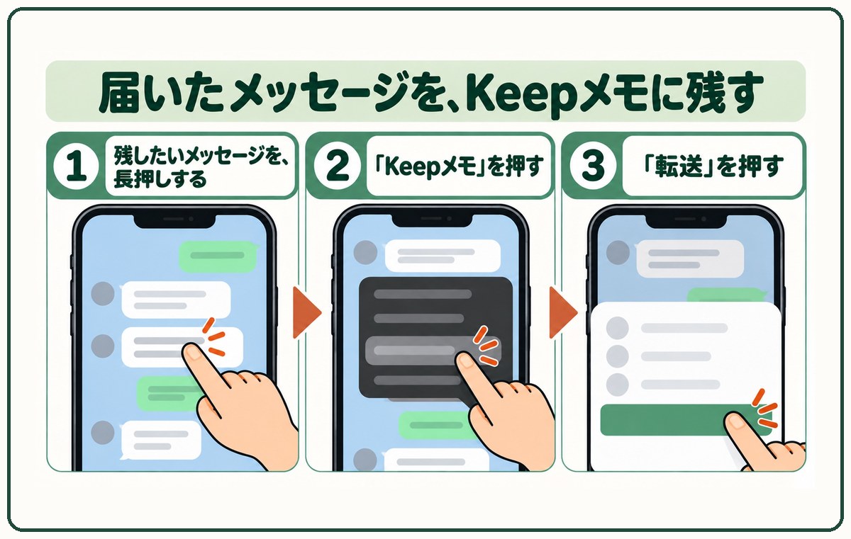 届いたメッセージを、Keepメモに残す。①残したいメッセージを、長押しする。②「Keepメモ」を押す。③「転送」を押す
