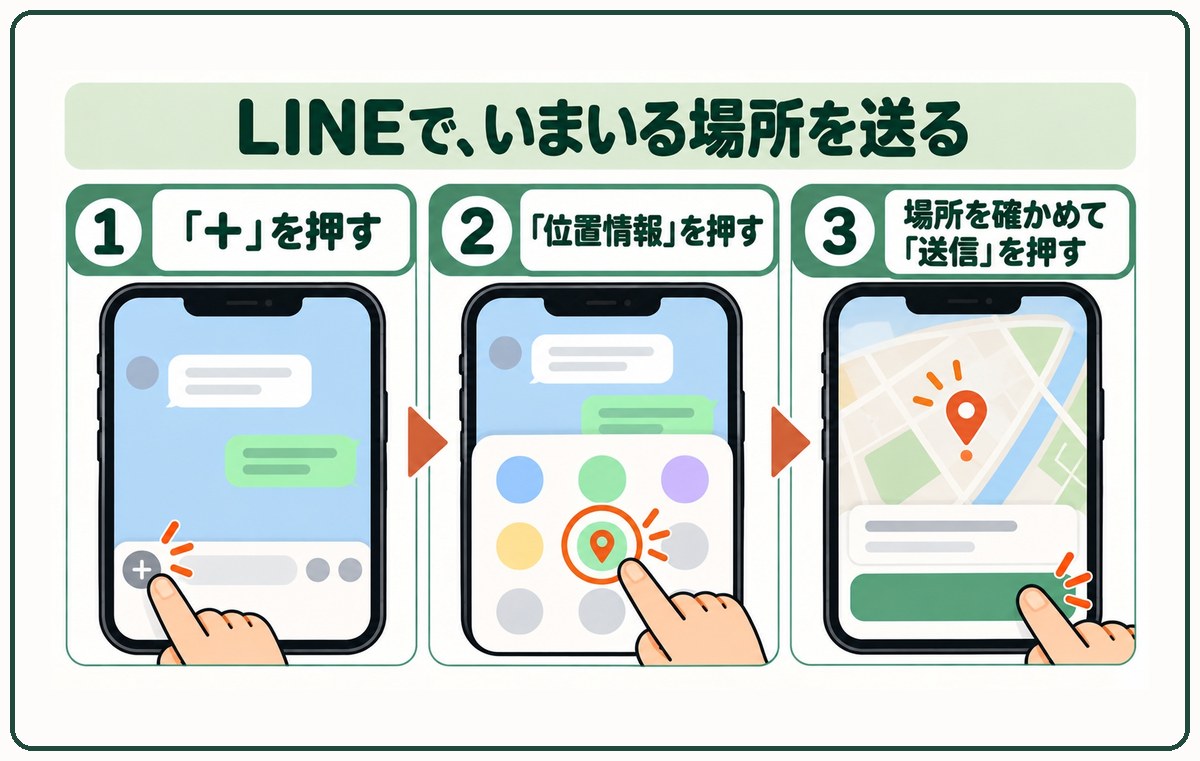 LINEで、いまいる場所を送る。①「+」を押す。②「位置情報」を押す。③場所を確かめて「送信」を押す