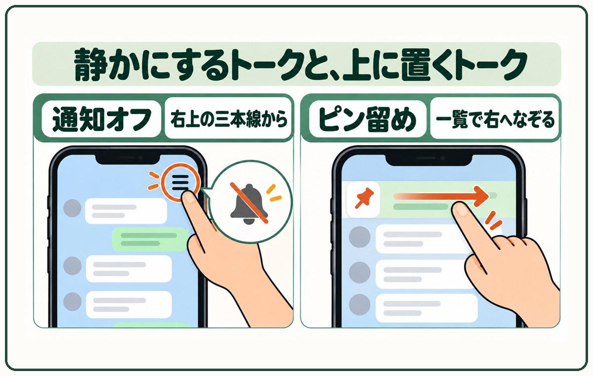静かにするトークと、上に置くトーク。通知オフ、右上の三本線から。ピン留め、一覧で右へなぞる