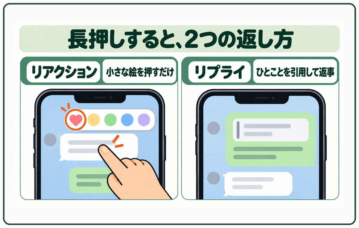 長押しすると、2つの返し方。リアクション、小さな絵を押すだけ。リプライ、ひとことを引用して返事