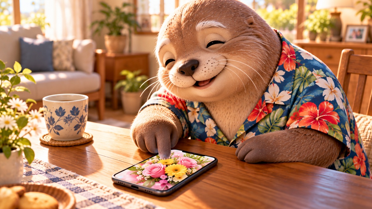 アロハシャツを着たトドのおじいちゃんが、テーブルのスマートフォンに映る花束の写真に指先でふれ、うれしそうに笑っている