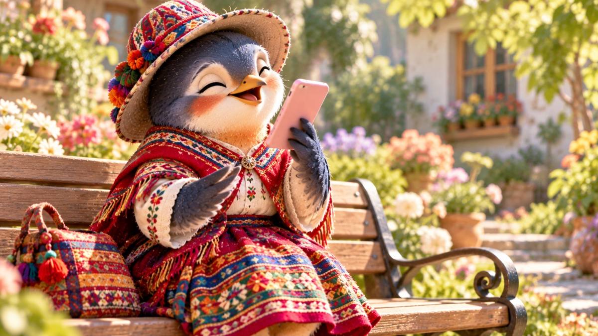 ペルーの民族衣装を着たツバメのおばあちゃんが、庭のベンチでスマートフォンを口もとに近づけ、笑顔で話している