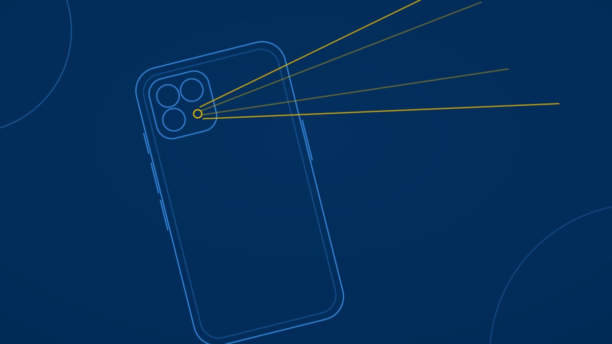 紺色の地に青い細い線で描いた、ななめのスマホの背面の線画。カメラのとなりのライトから、黄色い光の線が広がっている