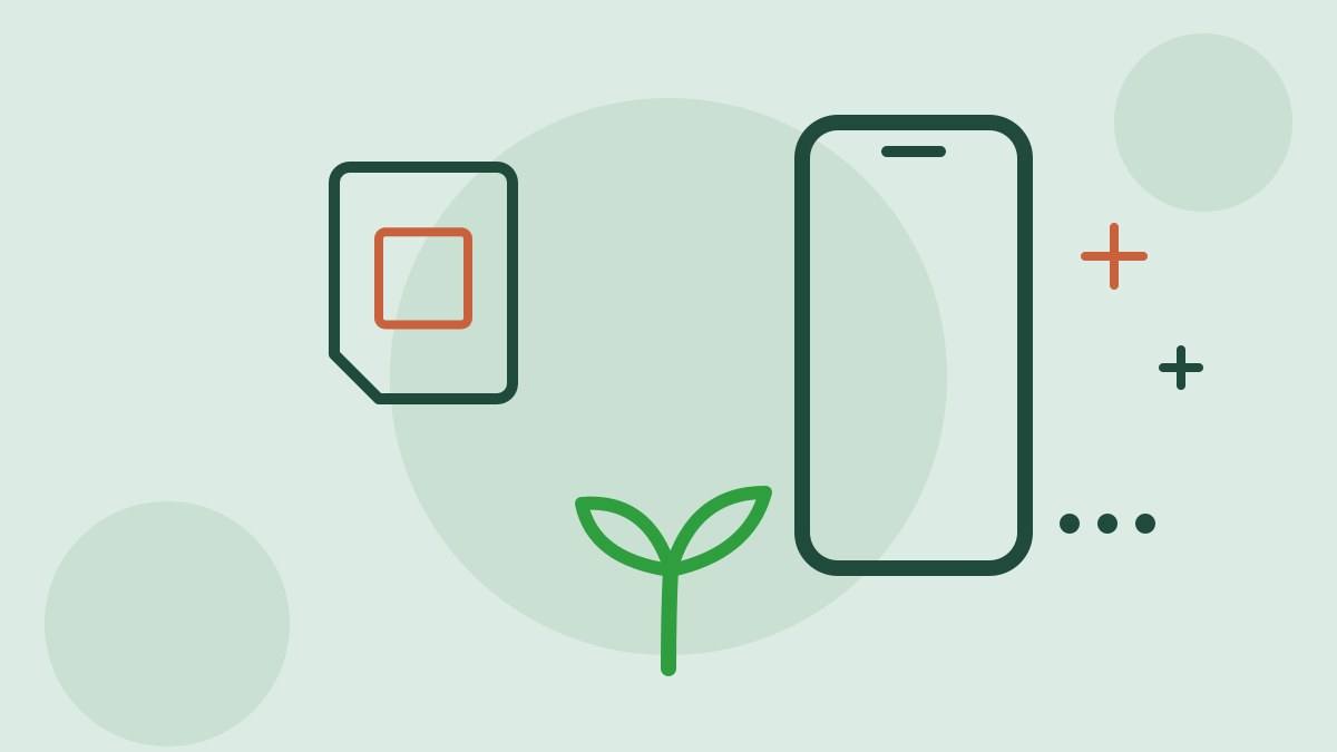 ミント色の地に太い深緑の線で描いた、オレンジのICチップのSIMカードとスマホの線画。あいだに緑の双葉