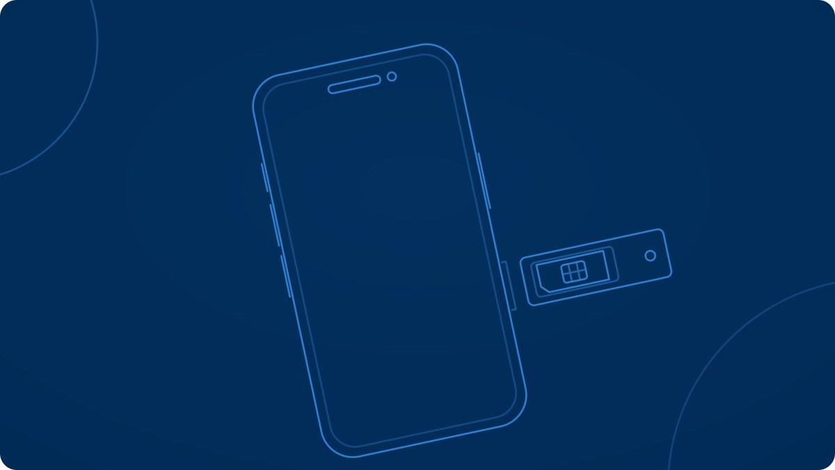紺色の地に青い細い線で描いた、ななめのスマホの線画。横からSIMトレイが引き出され、nanoSIMがのっている