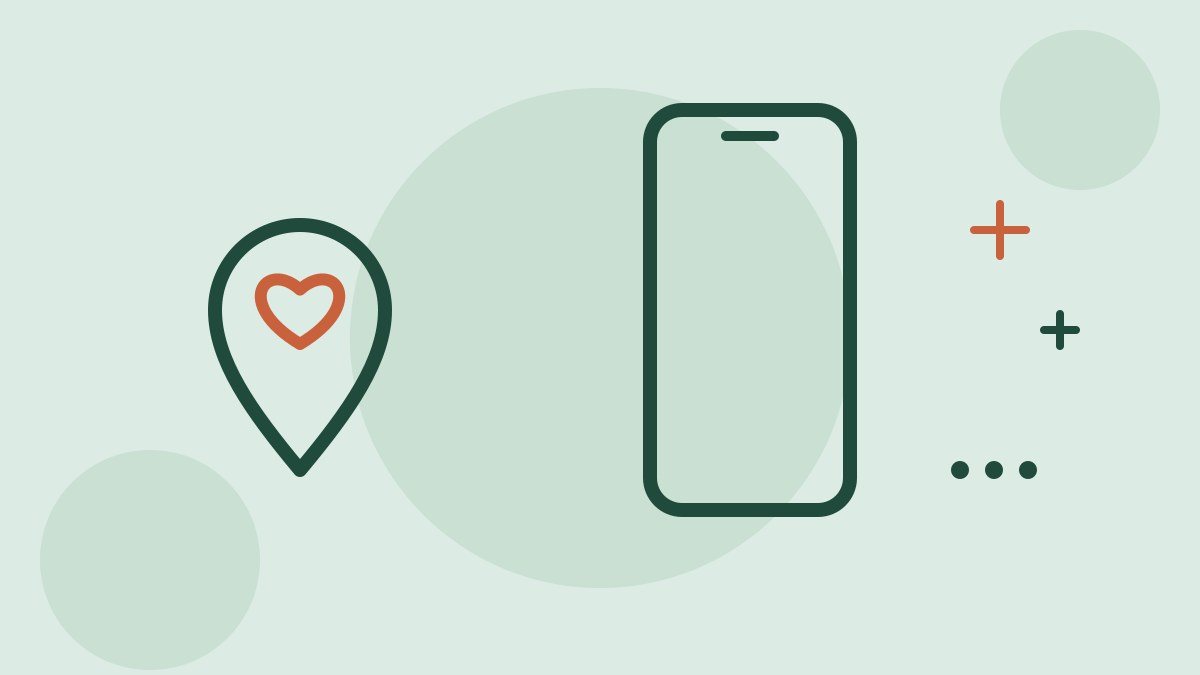 ミント色の地に太い深緑の線で描いた、スマホとハートのついた地図のピンの線画