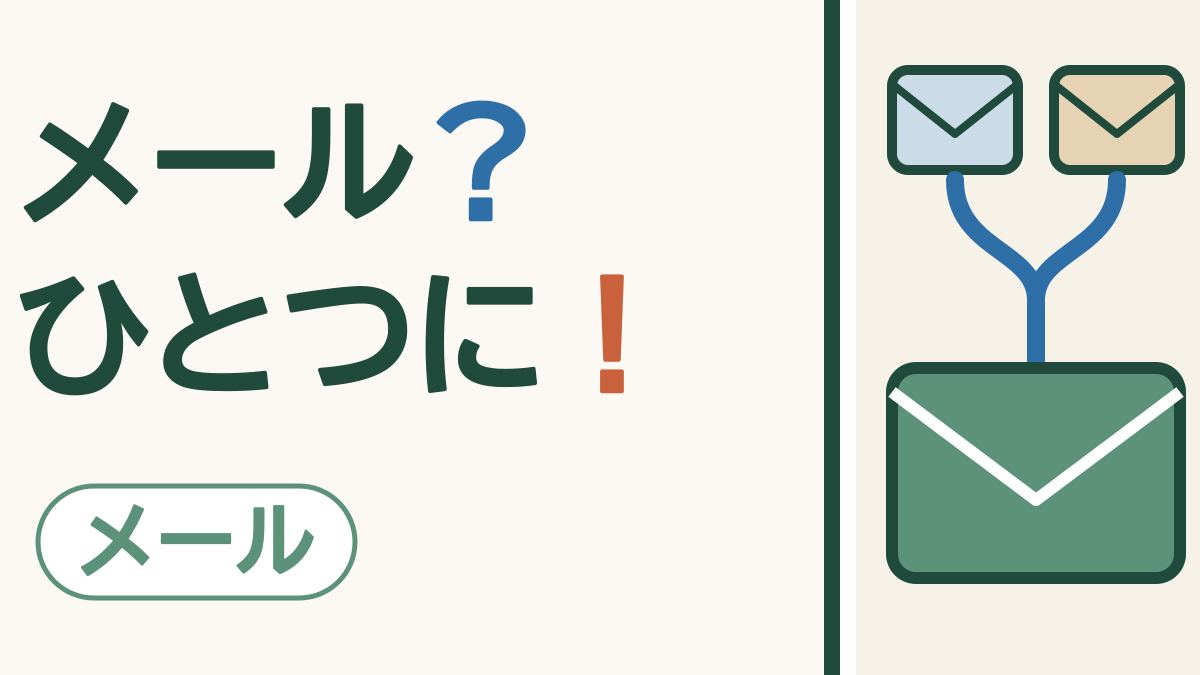 スマホの画面で、上に並んだ2つの封筒から出た線が合流し、下の大きな緑の封筒ひとつにつながる絵。「メール？ひとつに！」の文字。左下に「メール」の札