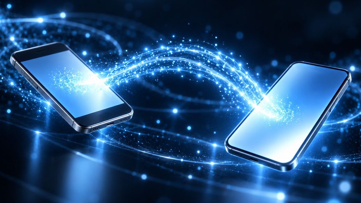黒に近い紺の空間に、スマートフォンが2台。左のスマホの画面から青白い光の粒がリボンのように流れ出し、右のスマホの画面へ移っていく