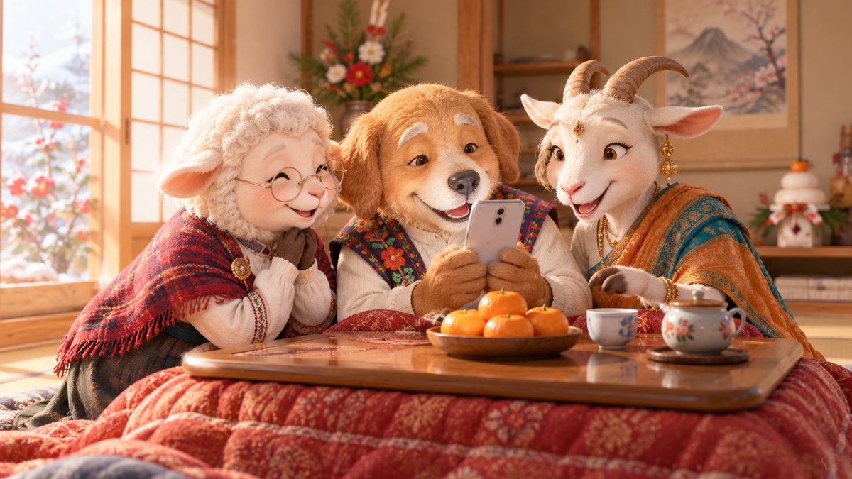 お正月の和室のこたつで、民族衣装を着た羊と犬とヤギが、犬の持つスマートフォンの画面をみんなでのぞきこんで笑っている