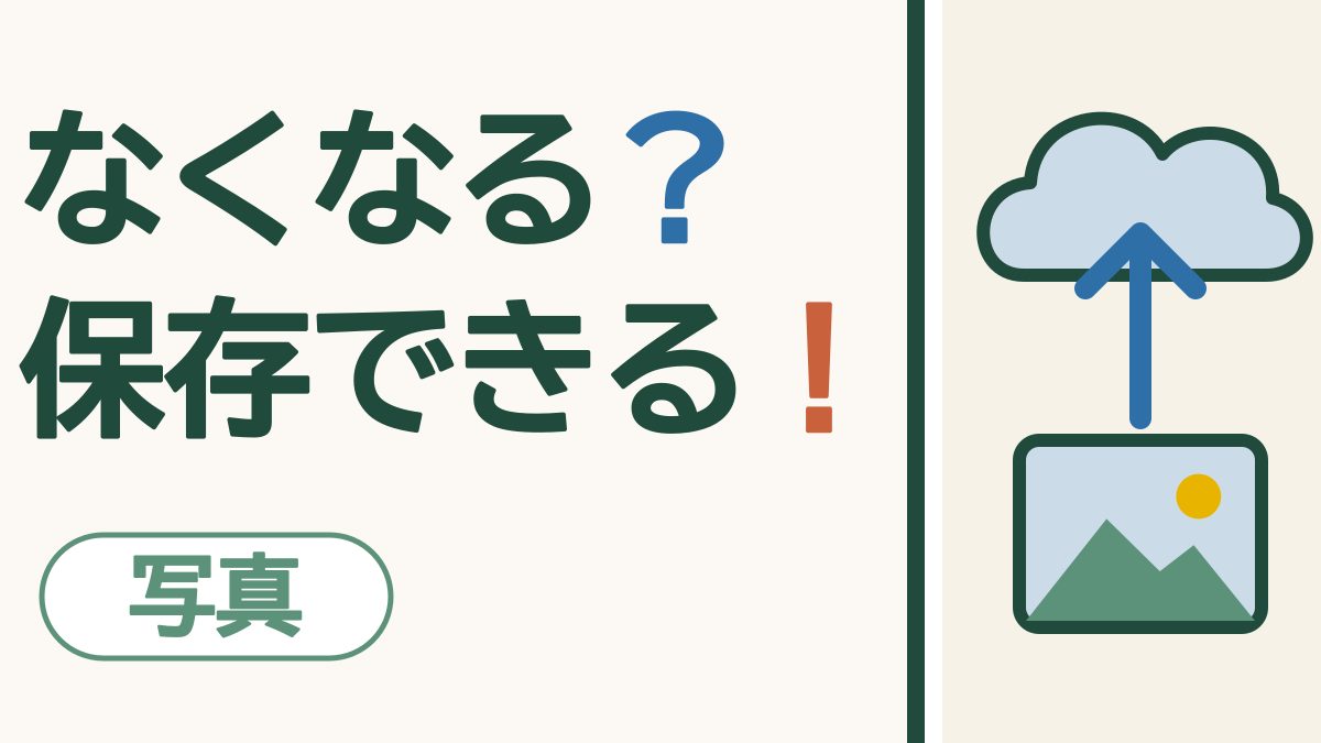 スマホの画面に、写真から雲へ向かう青い上向きの矢印が描かれた絵。「なくなる？保存できる！」の文字。左下に「写真」の札