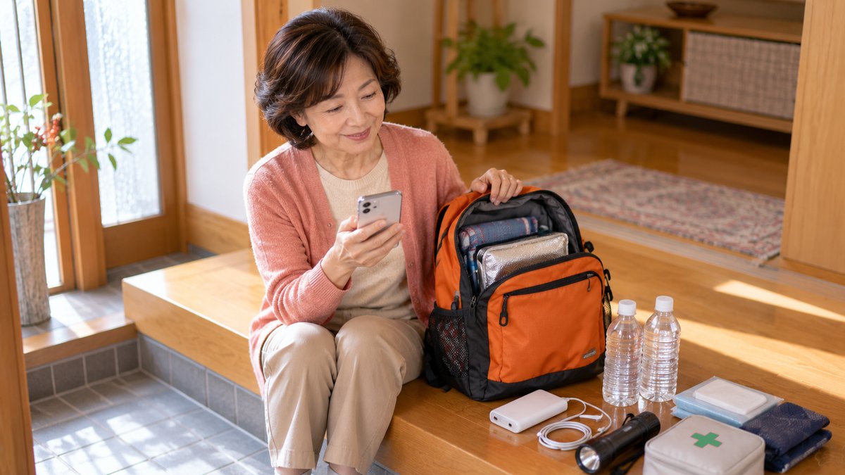 明るい玄関の上がりかまちに腰かけた女性が、オレンジ色の防災リュックの中を確かめながらスマートフォンを見てほほえんでいる。横にモバイルバッテリー、懐中電灯、水、救急セットが並んでいる