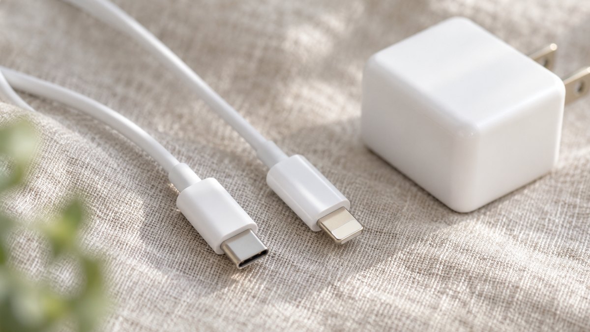 生成りのリネンの布の上に並べた、白い充電ケーブル2本の先。左は楕円形の平たい端子、右は細長い平たい端子。奥に白い小さな四角い充電器