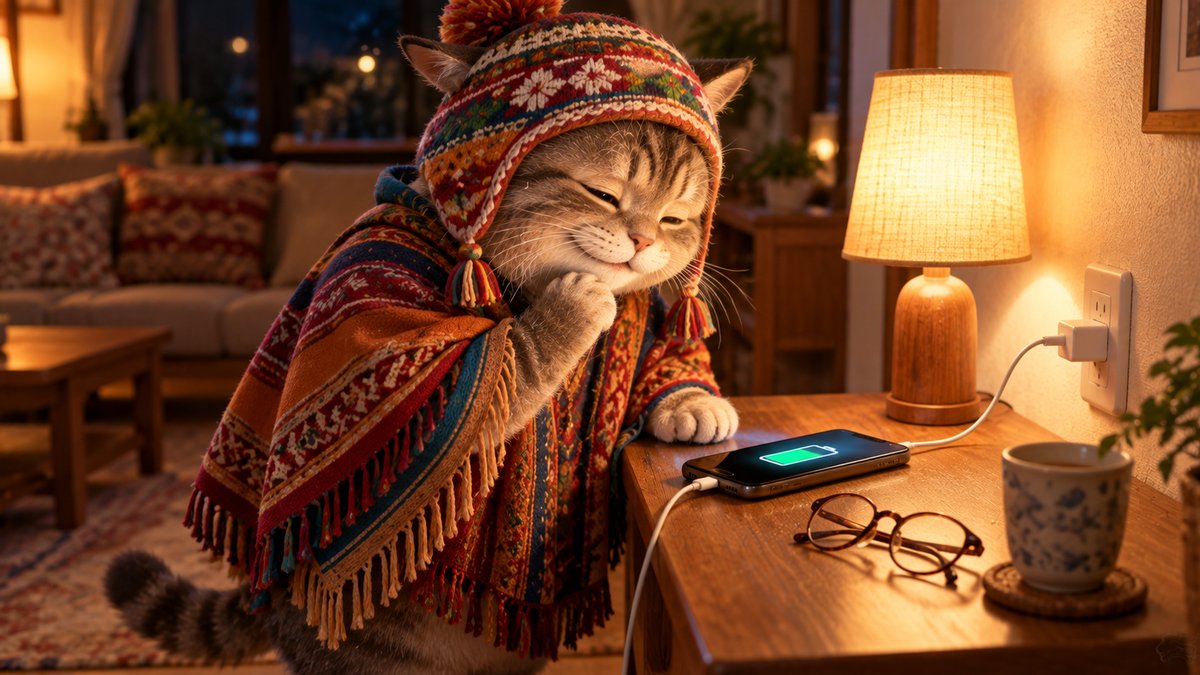 夜のあたたかい居間で、アンデスの民族衣装のポンチョと毛糸の帽子を着た猫が、テーブルの上で充電中のスマートフォンをのぞきこみ、目を細めてにっこりしている