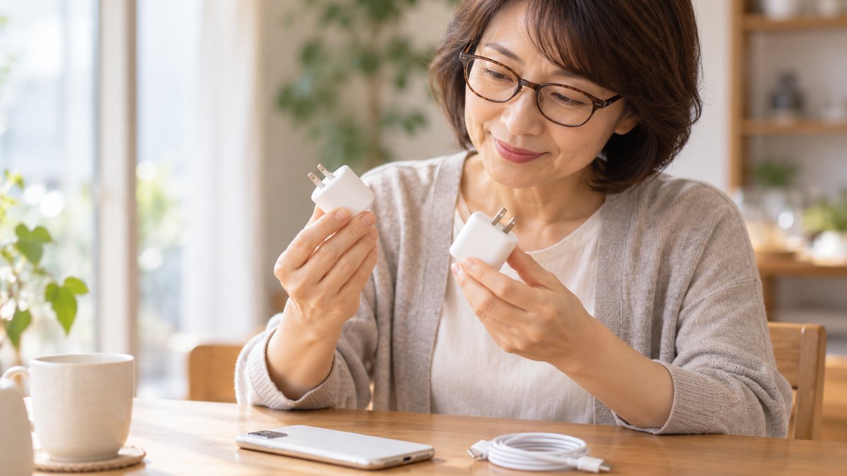明るいダイニングテーブルで、眼鏡をかけた女性が白い小さな充電器を両手に1つずつ持ち、見くらべながらほほえんでいる。テーブルには画面を下にしたスマートフォンとたたんだケーブル