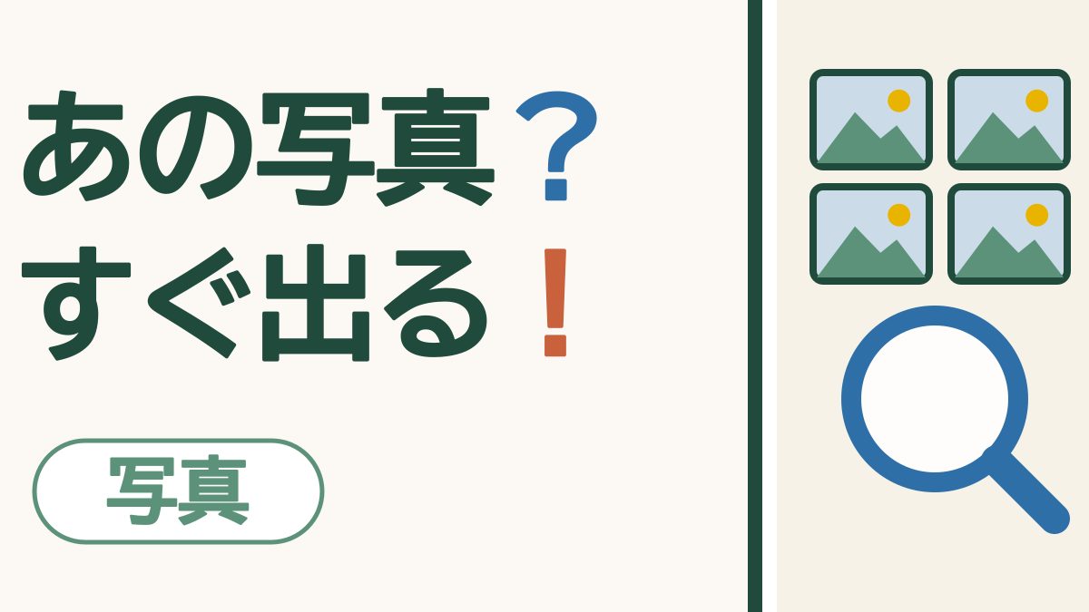 スマホの画面に、山とお日さまの小さな写真が4枚並び、その下に青い虫めがねが描かれた絵。「あの写真？すぐ出る！」の文字。左下に「写真」の札