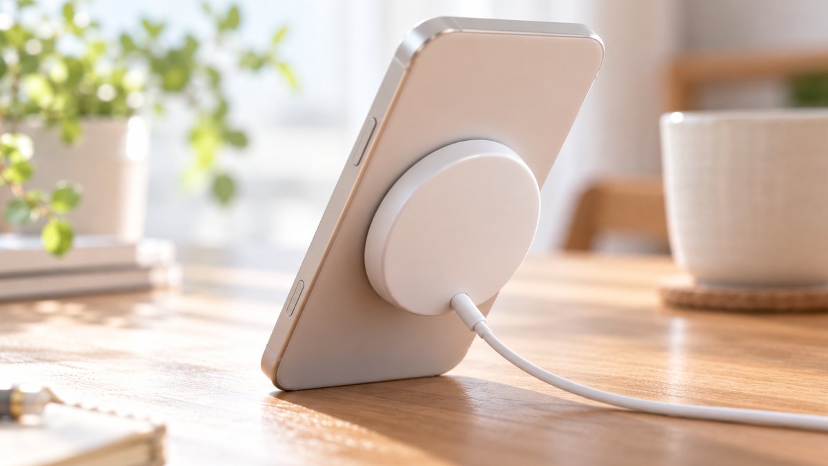 明るい木の机の上で、立てたスマートフォンの背中に、白い丸い薄型の充電器がぴたっとくっついている。充電器から白いケーブルが1本のびている