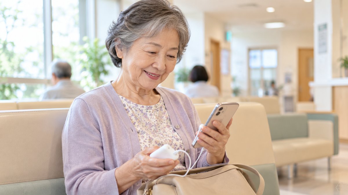 病院の待合室の長いすで、シニアの女性がバッグから出したモバイルバッテリーをスマートフォンにつなぎ、画面を見ながらほほえんでいる