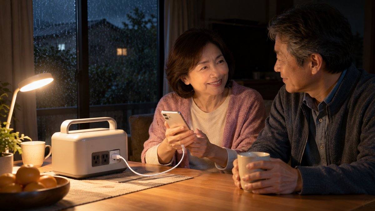 停電した雨の夜の居間で、テーブルの上のポータブル電源からスマートフォンを充電しながら、夫婦が電気スタンドの明かりの下で顔を見合わせてほほえんでいる